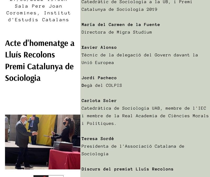 Acte d’homenatge a Lluís Recolons, Premi Catalunya de Sociologia